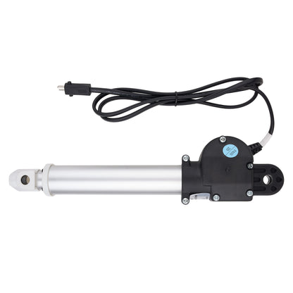 A linear electric hydraulic cylinder with a silver metal rod and a black motor housing, complete with a black power cable and connector, shown on a plain white background.