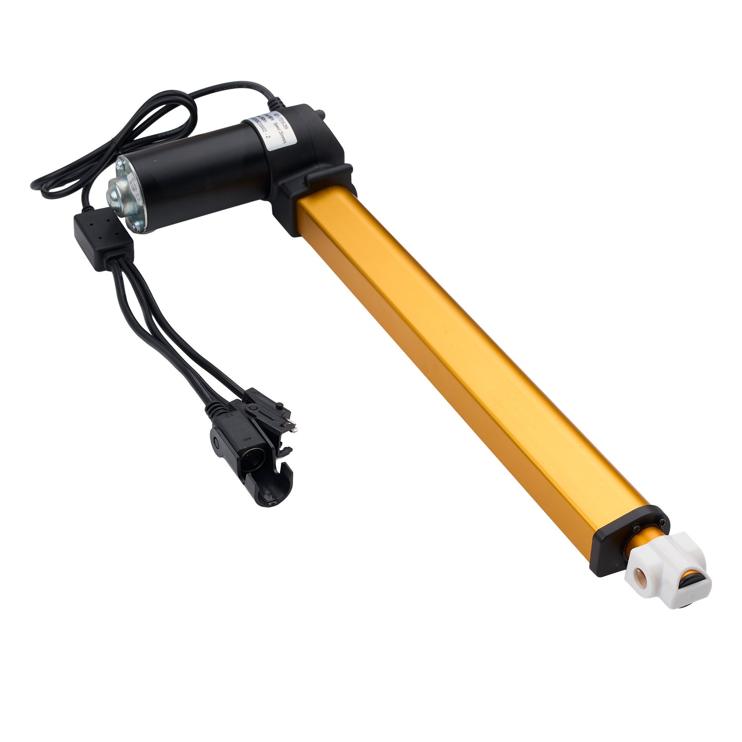 An electric window blind motor drive with a long gold aluminum rod, a black motor housing, and attached black power cables, shown on a plain white background.