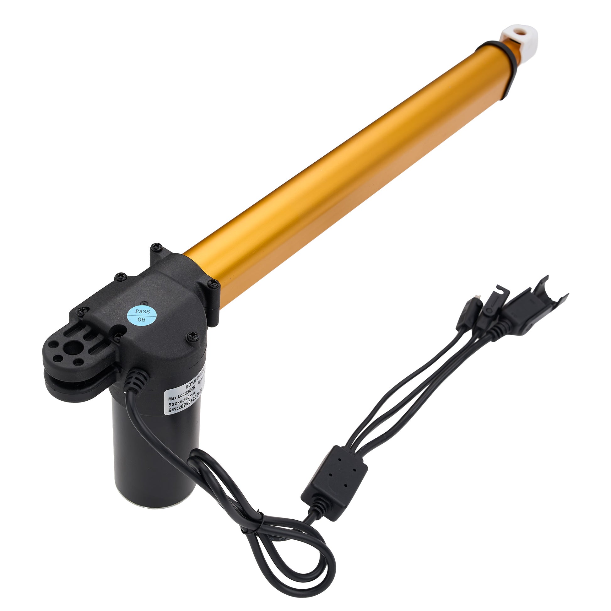 An automatic gate opener motor drive with a long gold-colored metal rod and a black motor unit, shown with its attached power cable and connectors on a plain white background.