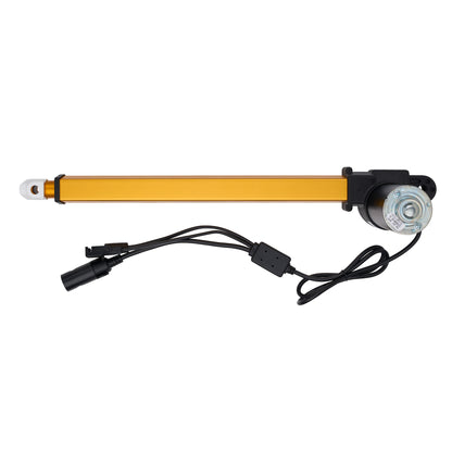 An electric linear motor drive with a yellow-orange rod, black mounting bracket, black wiring harness, and a silver motor housing, shown against a plain white background.