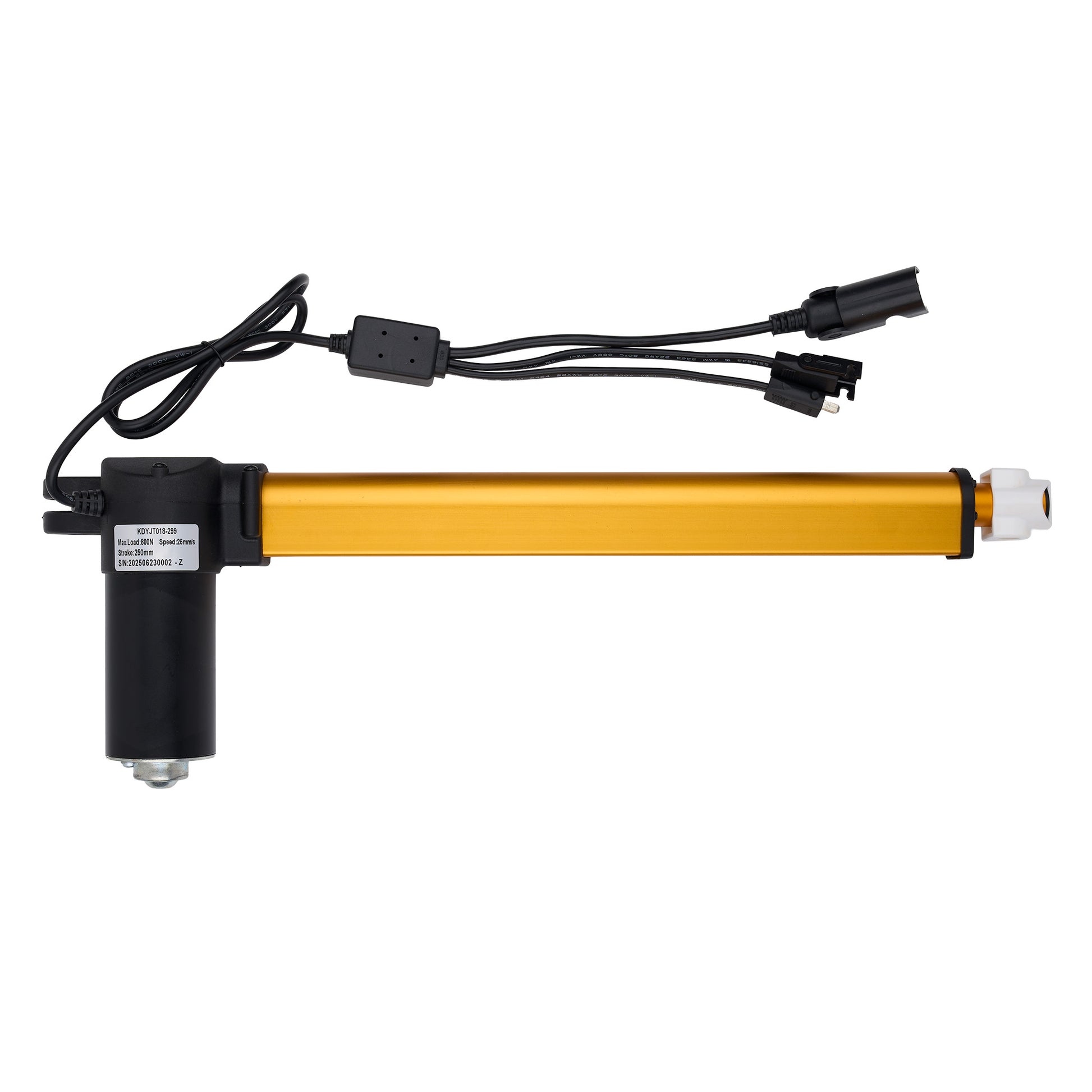 An electric linear actuator with a long gold-colored anodized aluminum rod, a black motor housing, and attached black wiring with connectors, shown against a plain white background.