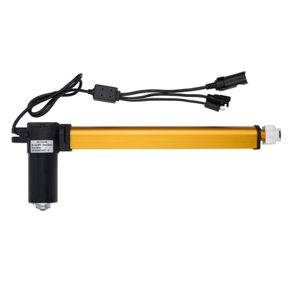 An electric linear actuator with a long gold-colored anodized aluminum rod, a black motor housing, and attached black wiring with connectors, shown against a plain white background.