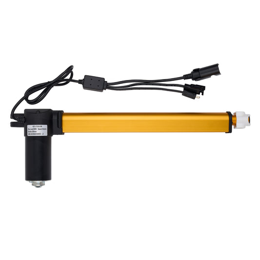 An electric linear actuator with a long gold-colored anodized aluminum rod, a black motor housing, and attached black wiring with connectors, shown against a plain white background.