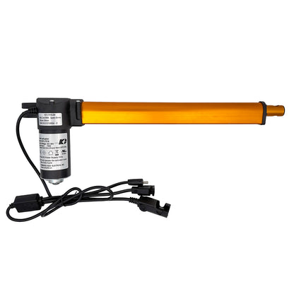A gold-colored linear actuator with a black drive motor, connected to three cables with different plugs.