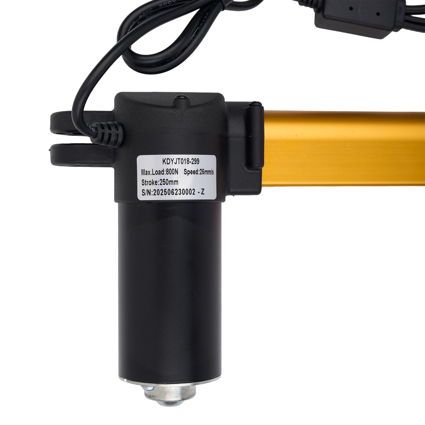 A close-up of a black electric linear actuator with a gold-colored metal rod, a black power cable, and a white label with technical specifications, shown against a plain white background.