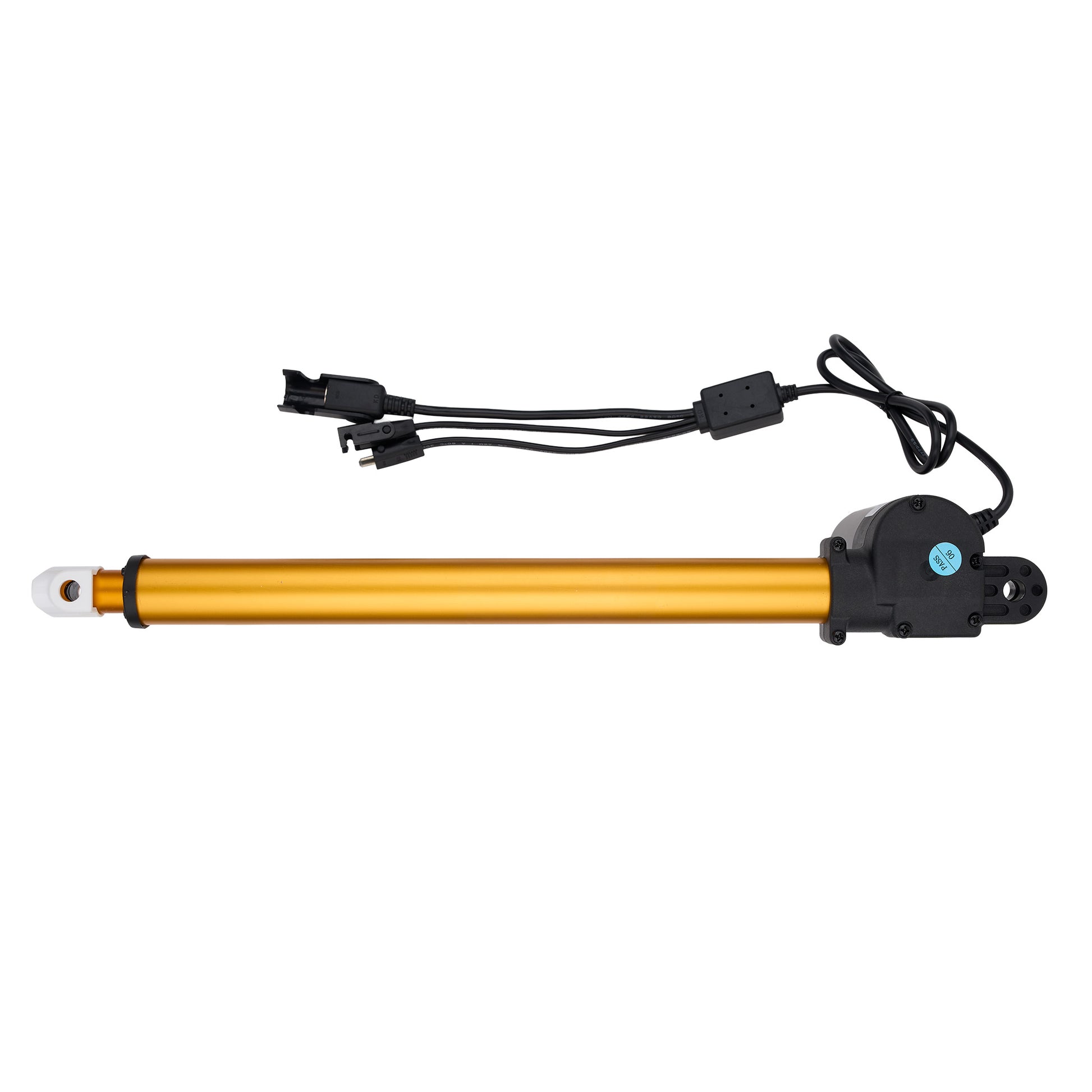 An electric linear actuator with a gold anodized aluminum rod and black motor housing, complete with attached black wiring and connectors, shown against a plain white background.
