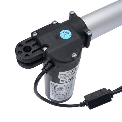 Mechanical linear actuator with black housing and visible branding on a white background