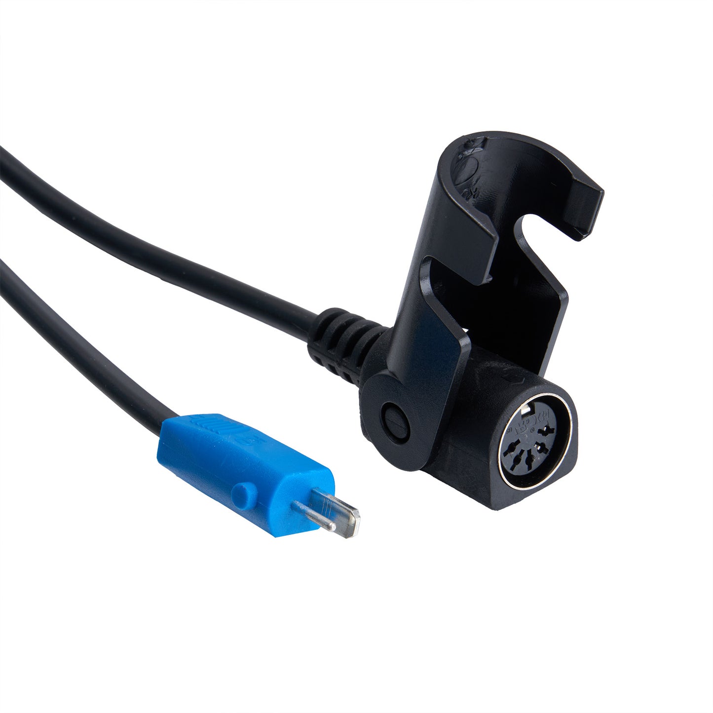 Black and blue electronic connector on a white background