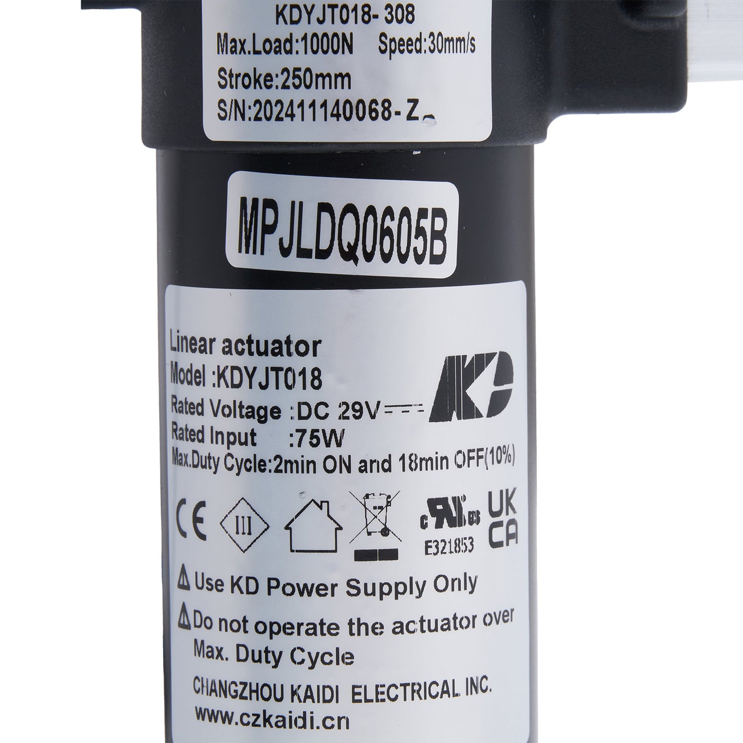 Linear actuator with label and specifications on a white background