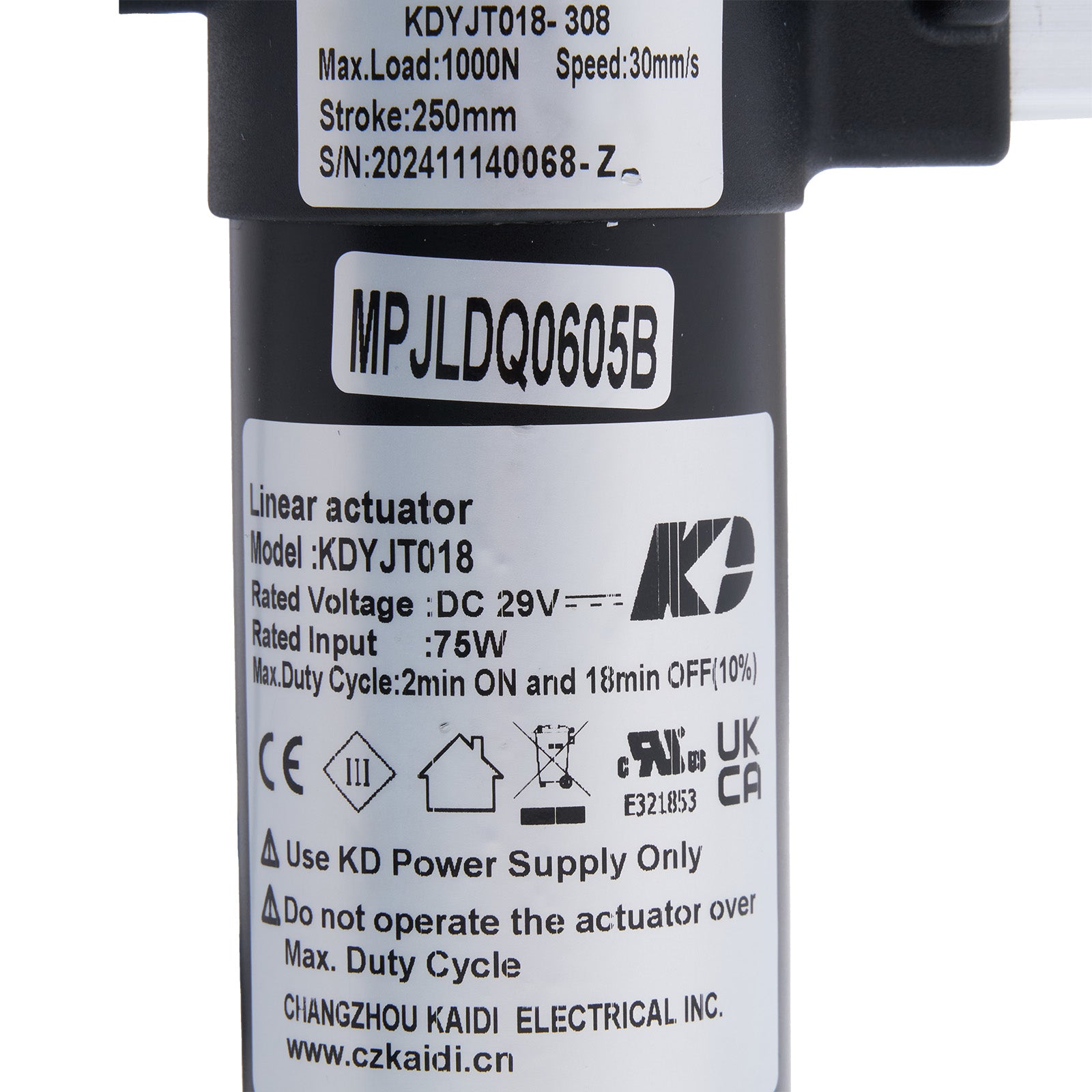 Linear actuator with label and specifications on a white background
