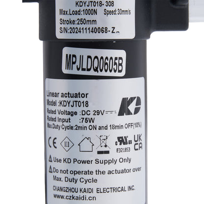 Linear actuator with label and specifications on a white background