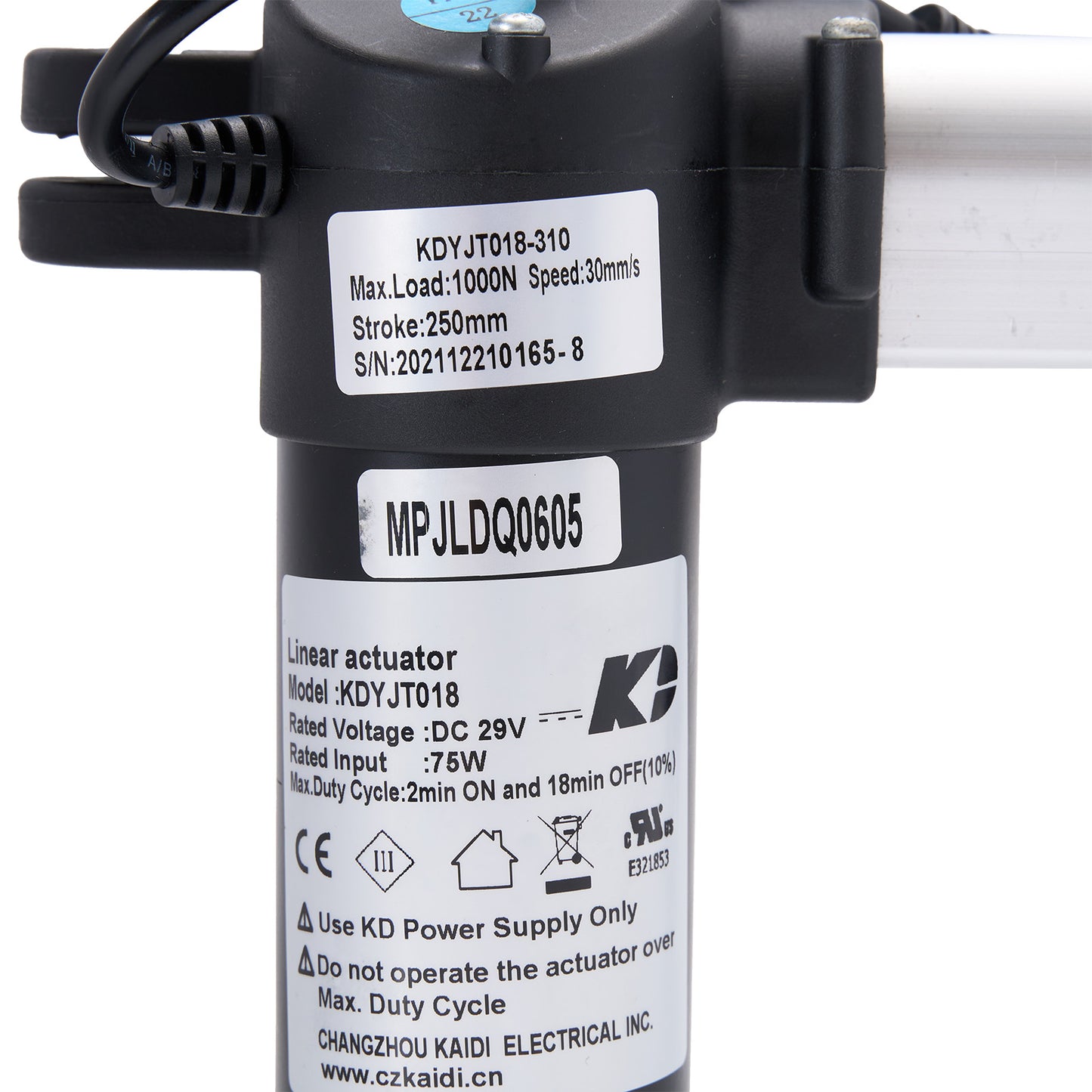 Linear actuator with technical specifications on a white background