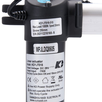 Linear actuator with technical specifications on a white background