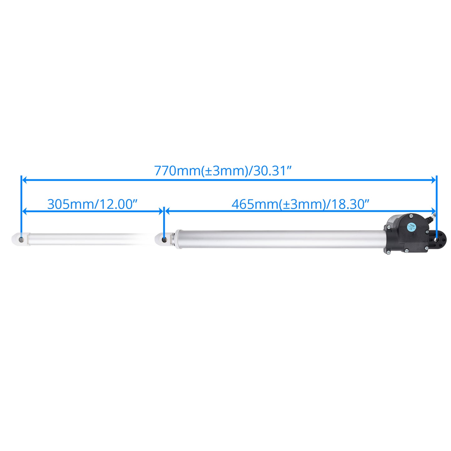 A linear hydraulic cylinder with an electric actuator, shown with blue dimension lines indicating a total length of 770mm (305mm + 465mm) on a white background.