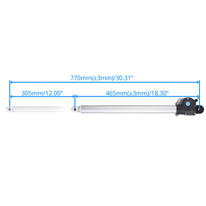 A linear hydraulic cylinder with an electric actuator, shown with blue dimension lines indicating a total length of 770mm (305mm + 465mm) on a white background.