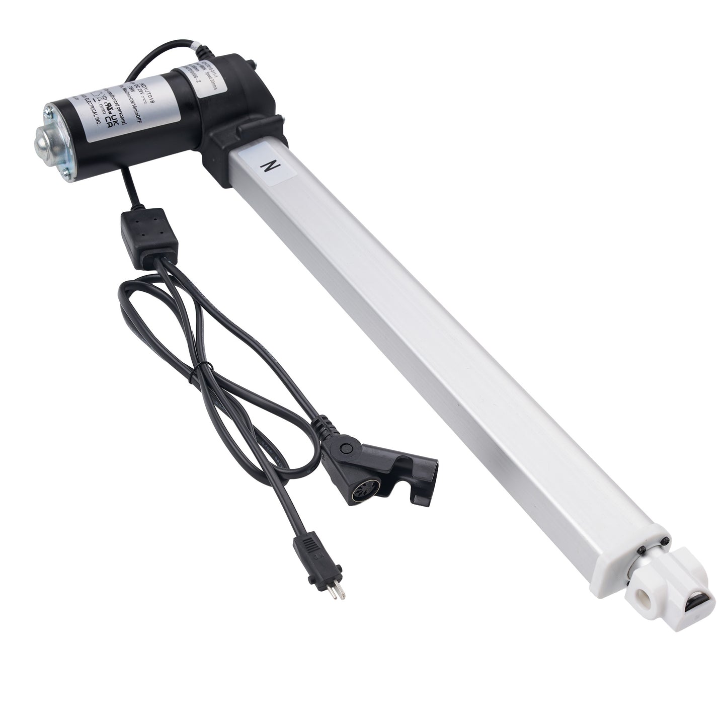 A linear electric door opener motor with a long silver aluminum rod, a black motor housing, and a black power cable, shown on a plain white background.