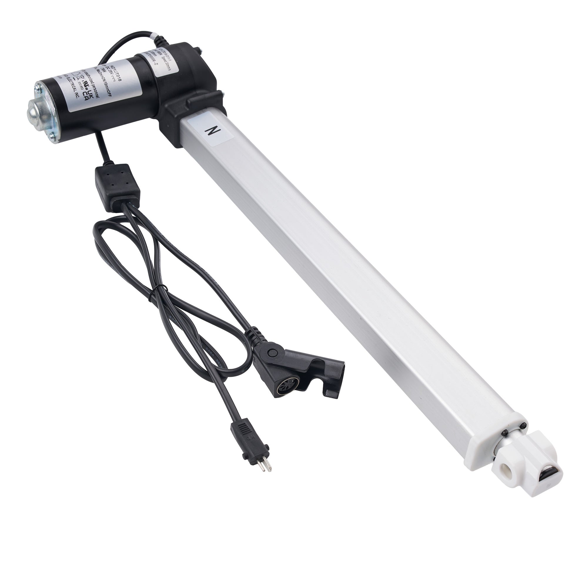 A linear electric door opener motor with a long silver aluminum rod, a black motor housing, and a black power cable, shown on a plain white background.