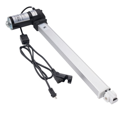 A linear electric door opener motor with a long silver aluminum rod, a black motor housing, and a black power cable, shown on a plain white background.