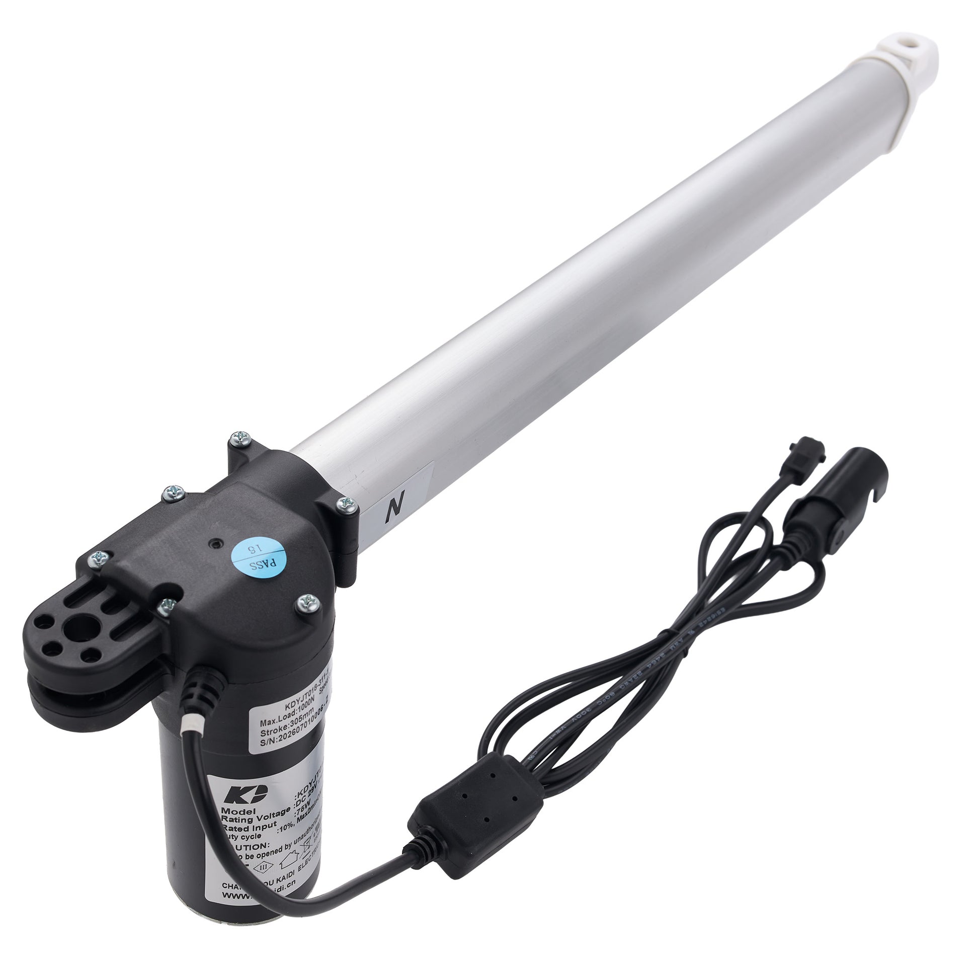 A K2 electric motorized window lift arm with a long silver aluminum rod, a black motor housing, and an attached black power cable with connectors, shown on a white background.