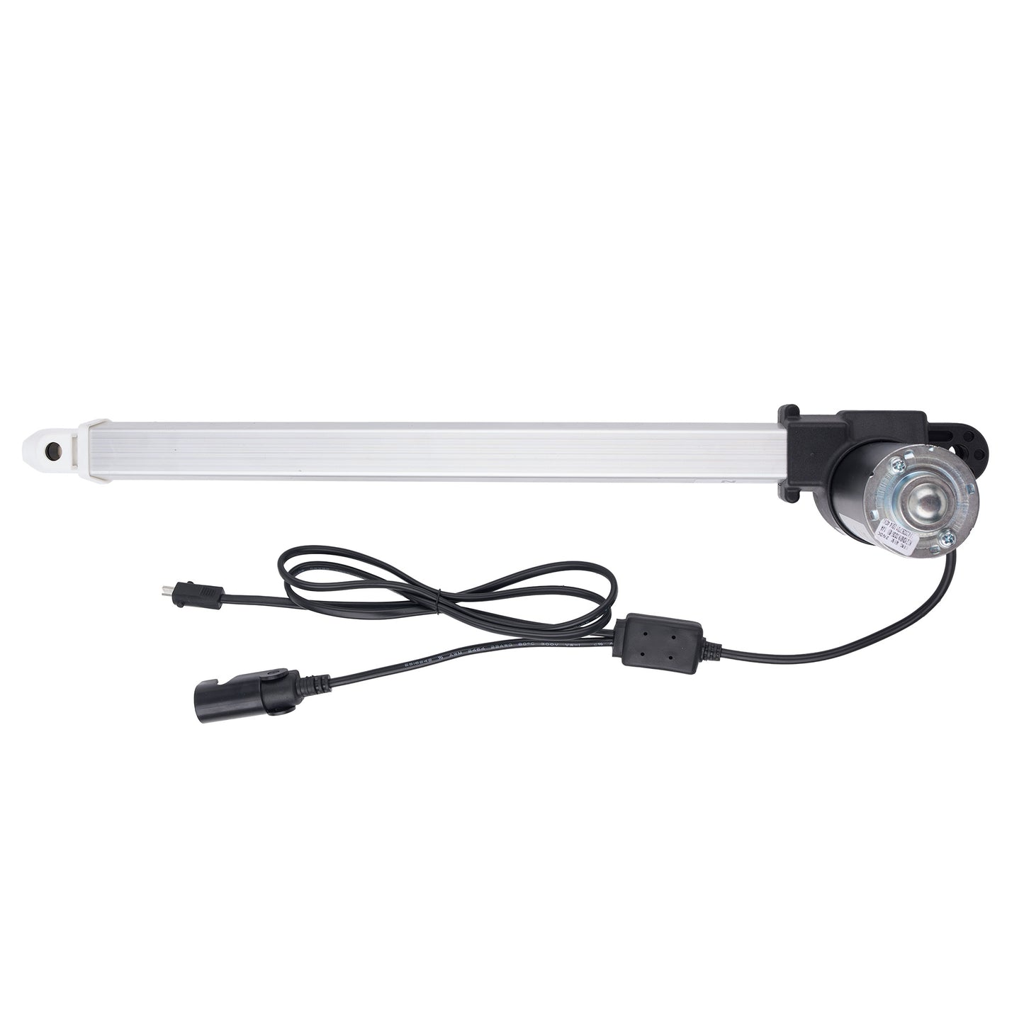 A linear electric motorized window blind rail with a black motor unit, a long silver-white rail, and a black power cable with connectors, shown against a plain white background.