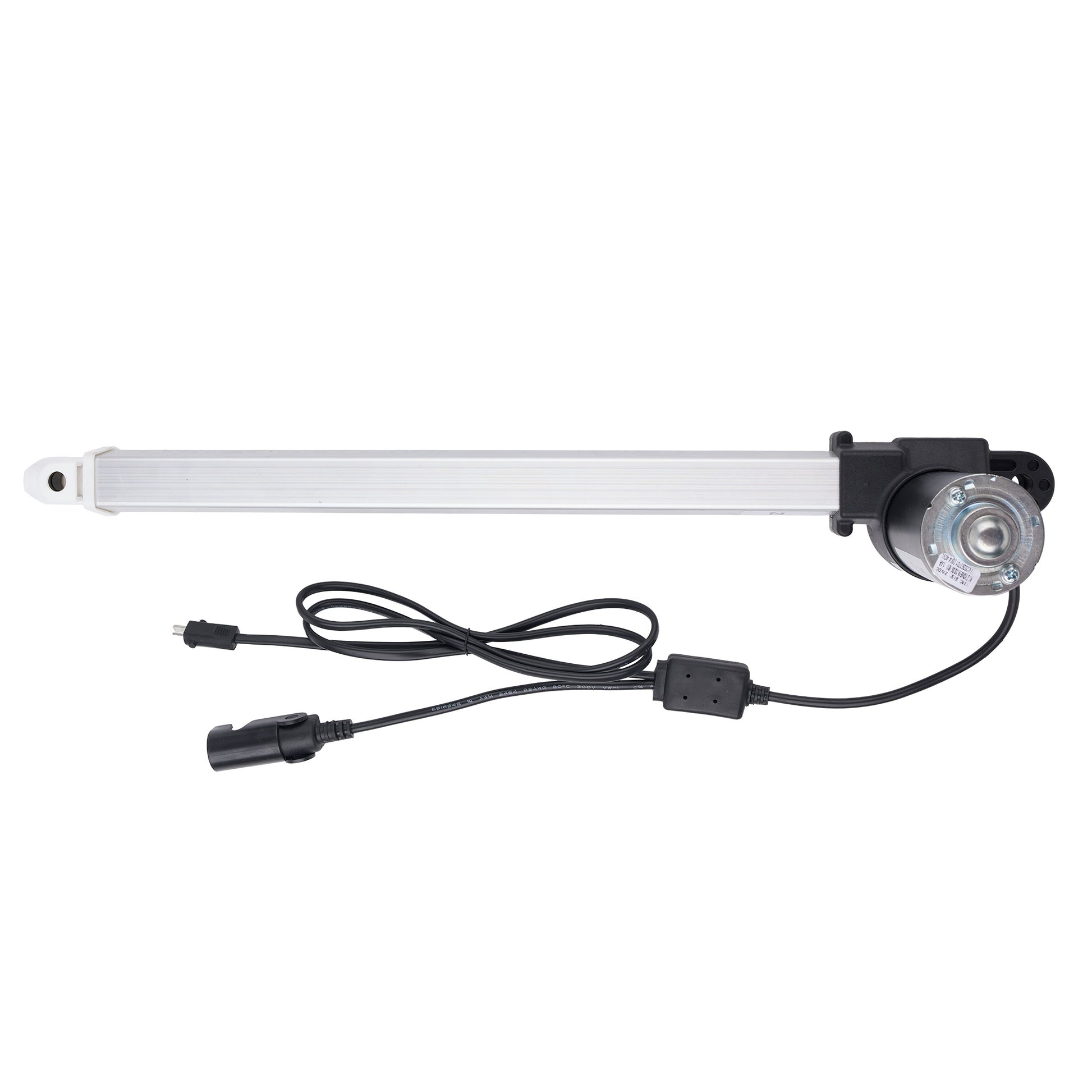 A linear electric motorized window blind rail with a black motor unit, a long silver-white rail, and a black power cable with connectors, shown against a plain white background.