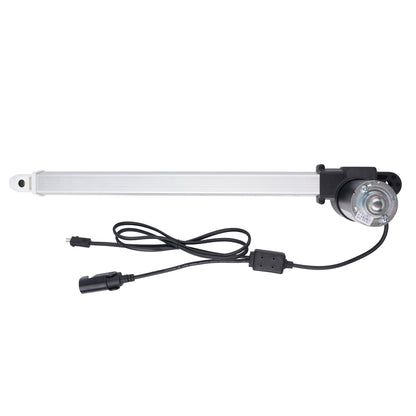 A linear electric motorized window blind rail with a black motor unit, a long silver-white rail, and a black power cable with connectors, shown against a plain white background.