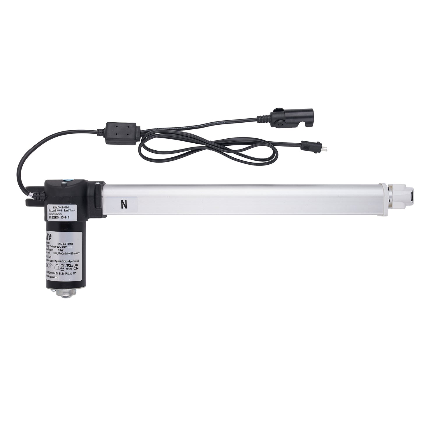 A linear electric actuator with a long silver metal rod, a black motor housing, and a black power cable with connector, shown against a plain white background.