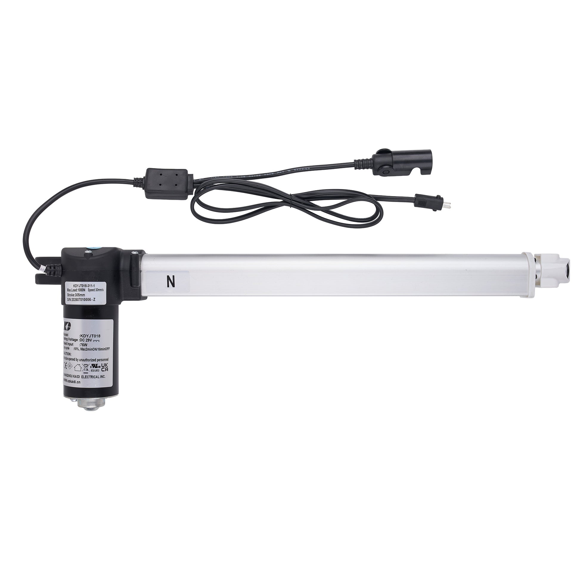 A linear electric actuator with a long silver metal rod, a black motor housing, and a black power cable with connector, shown against a plain white background.