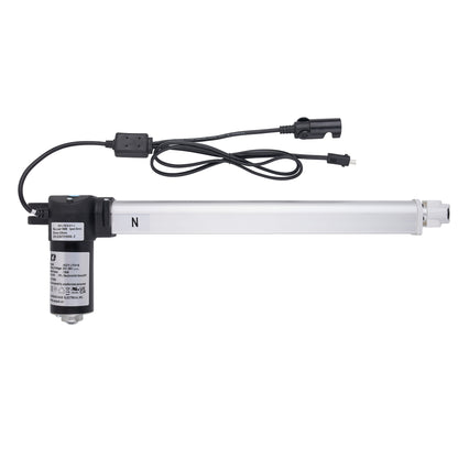 A linear electric actuator with a long silver metal rod, a black motor housing, and a black power cable with connector, shown against a plain white background.