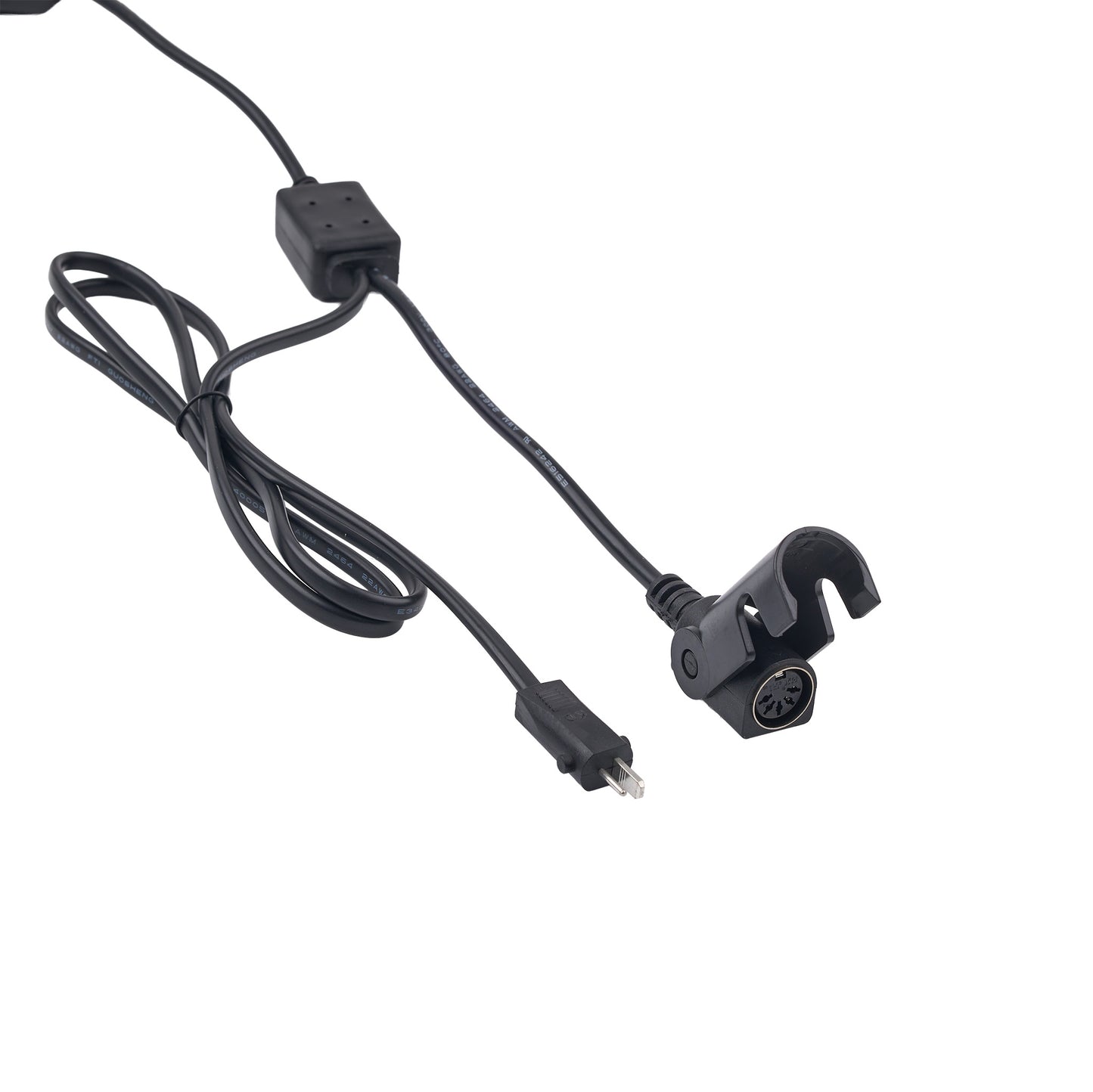 A black plastic and rubber cable connector with a hook-shaped end and a small plug, shown on a plain white background.