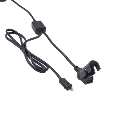 A black plastic and rubber cable connector with a hook-shaped end and a small plug, shown on a plain white background.