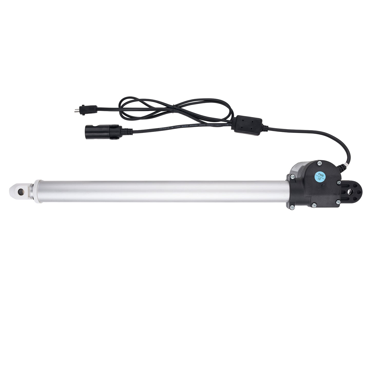 An electric linear motor rod with a long silver metal shaft, a black motor housing, and a black power cable with connectors, shown against a plain white background.