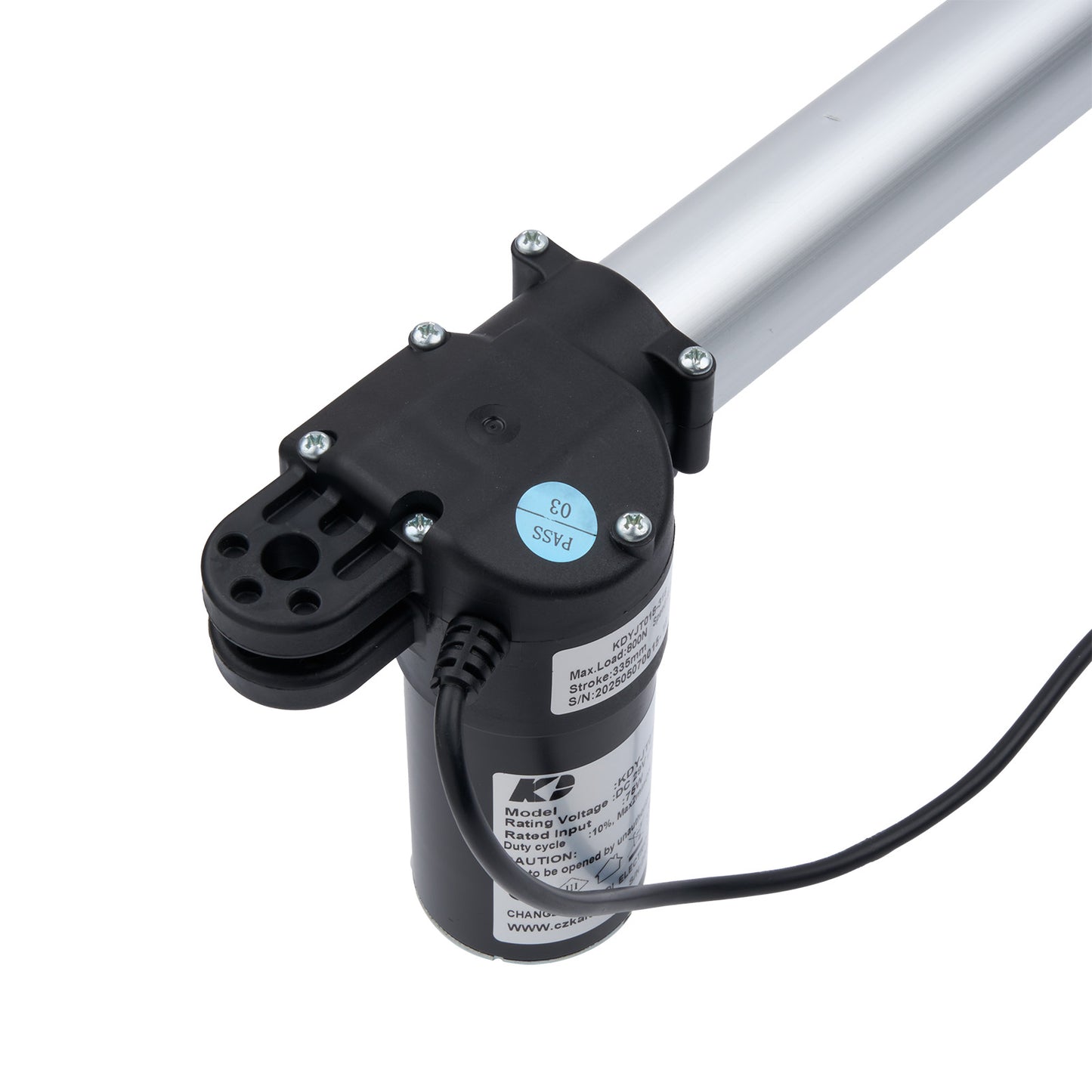 Motorized actuator with cable on a white background