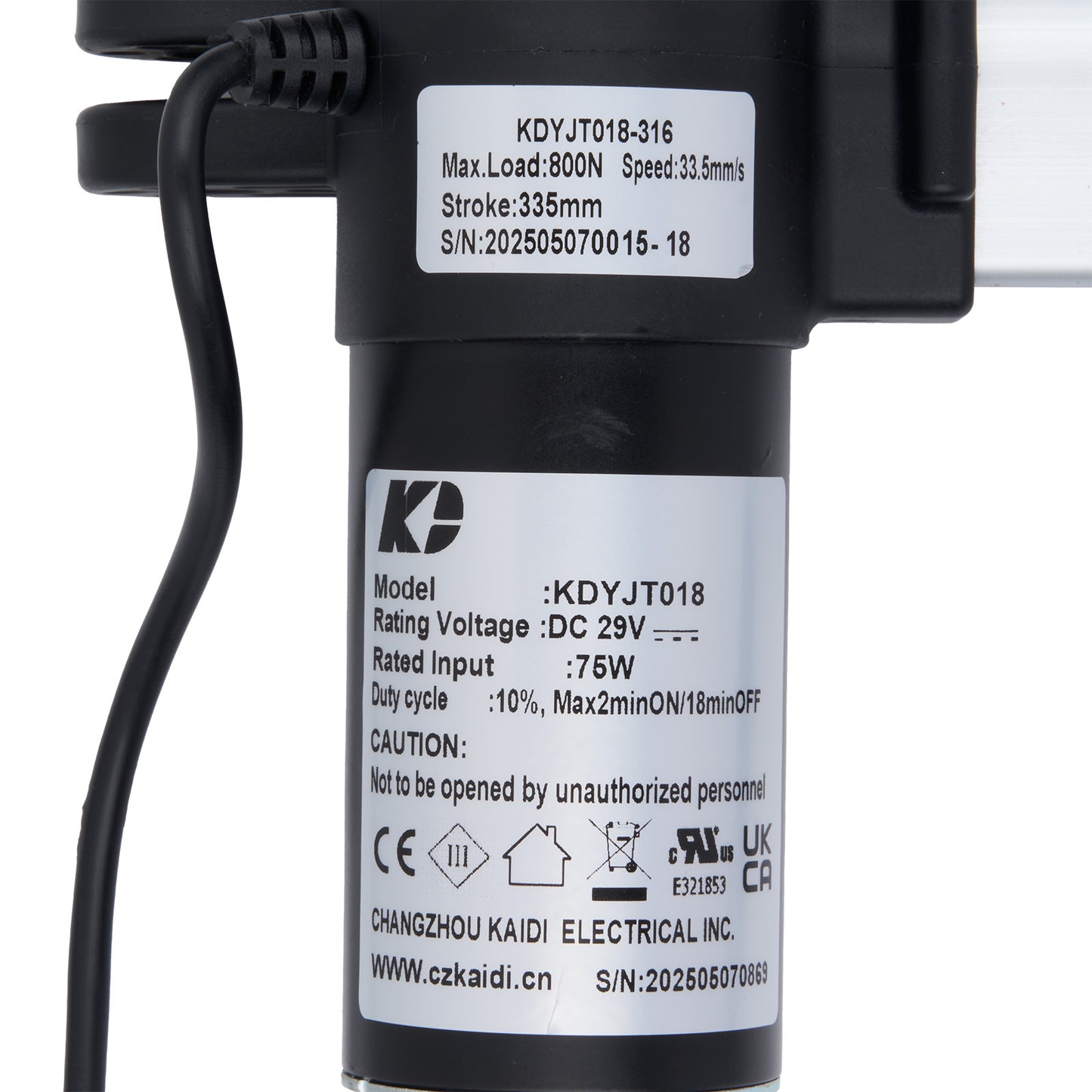 Close-up of a mechanical component with labels and specifications on a white background