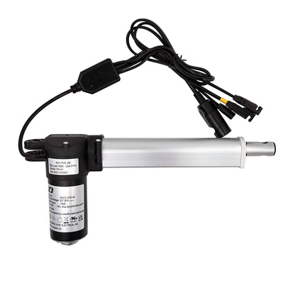 A KAIDI KDYJT018-339 linear actuator, with a silver shaft and black motor housing, along with attached cables and plugs.