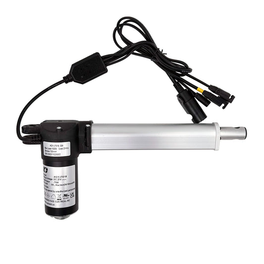 A KAIDI KDYJT018-339 linear actuator, with a silver shaft and black motor housing, along with attached cables and plugs.