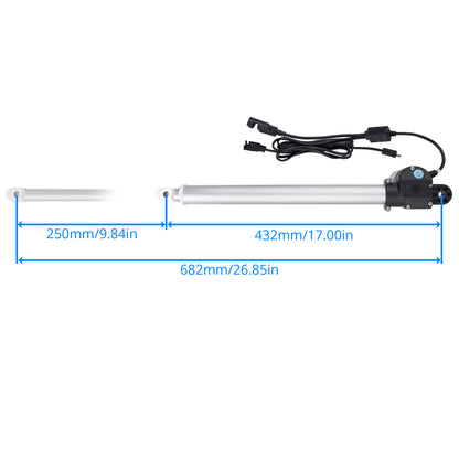 A linear electric actuator with a silver metal rod, black motor housing, and attached black power cable, shown on a white background with blue dimension lines and text indicating 250mm, 432mm, and total 682mm length.