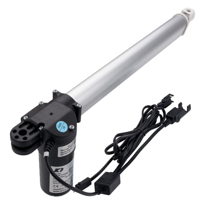 A linear electric gate opener motor with a long silver aluminum rod, a black motor housing, and attached black power cables, shown on a plain white background.