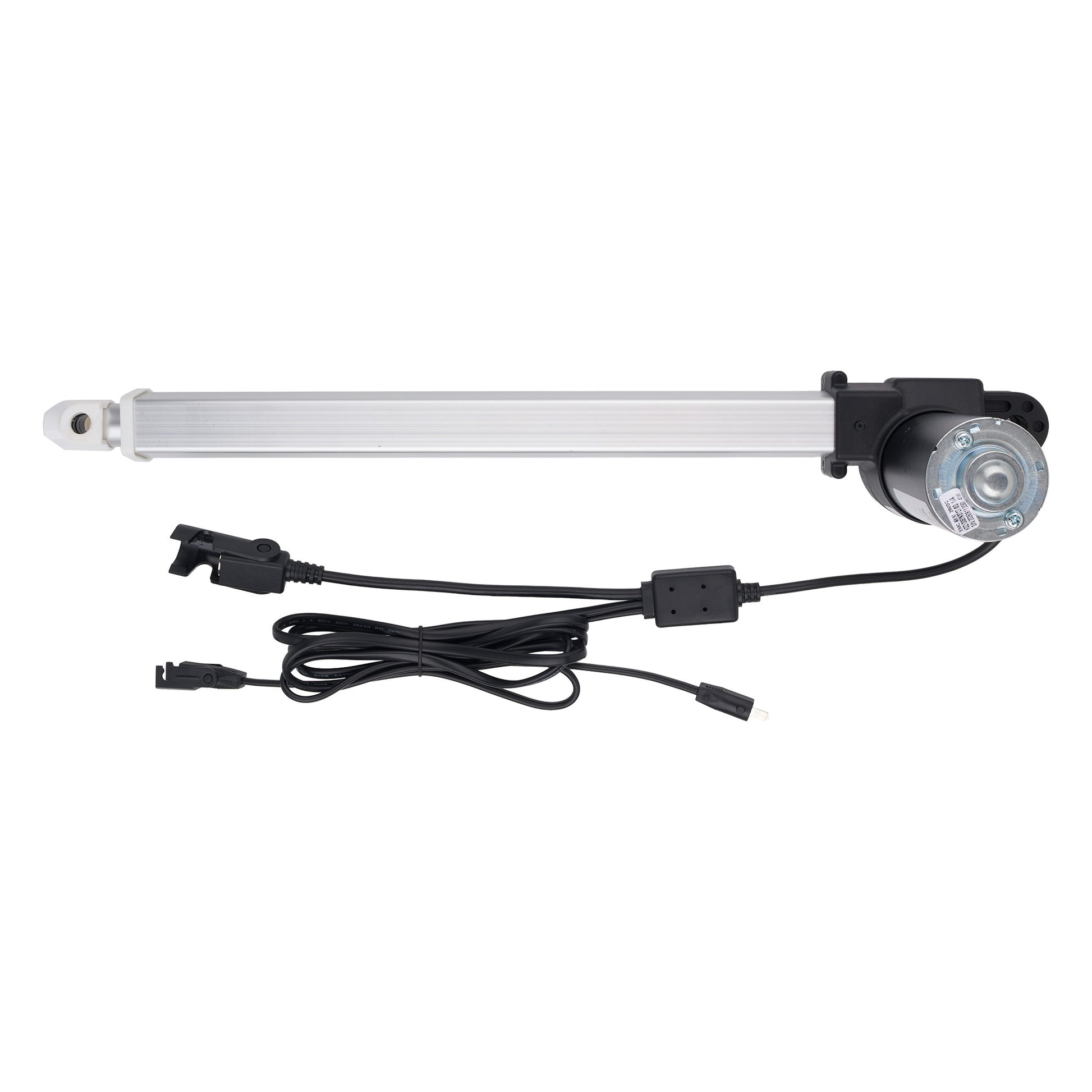 A linear electric motorized window opener or door closer rail assembly with a long silver metal rod, black motor housing, and attached black power cable on a plain white background.