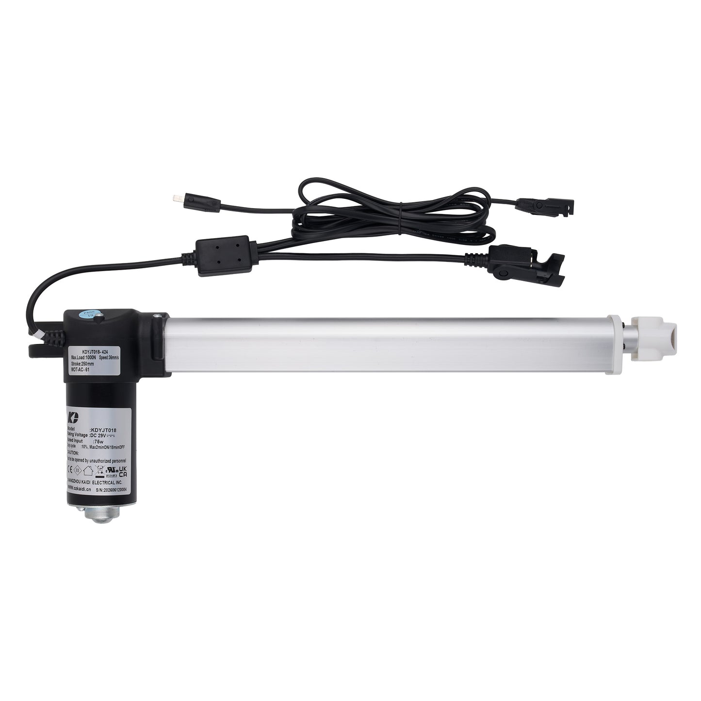 A linear electric actuator with a long silver metal rod, a black motor housing, and attached black power cables, shown against a plain white background.