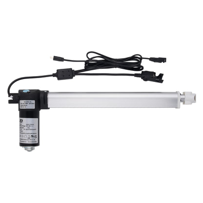 A linear electric actuator with a long silver metal rod, a black motor housing, and attached black power cables, shown against a plain white background.