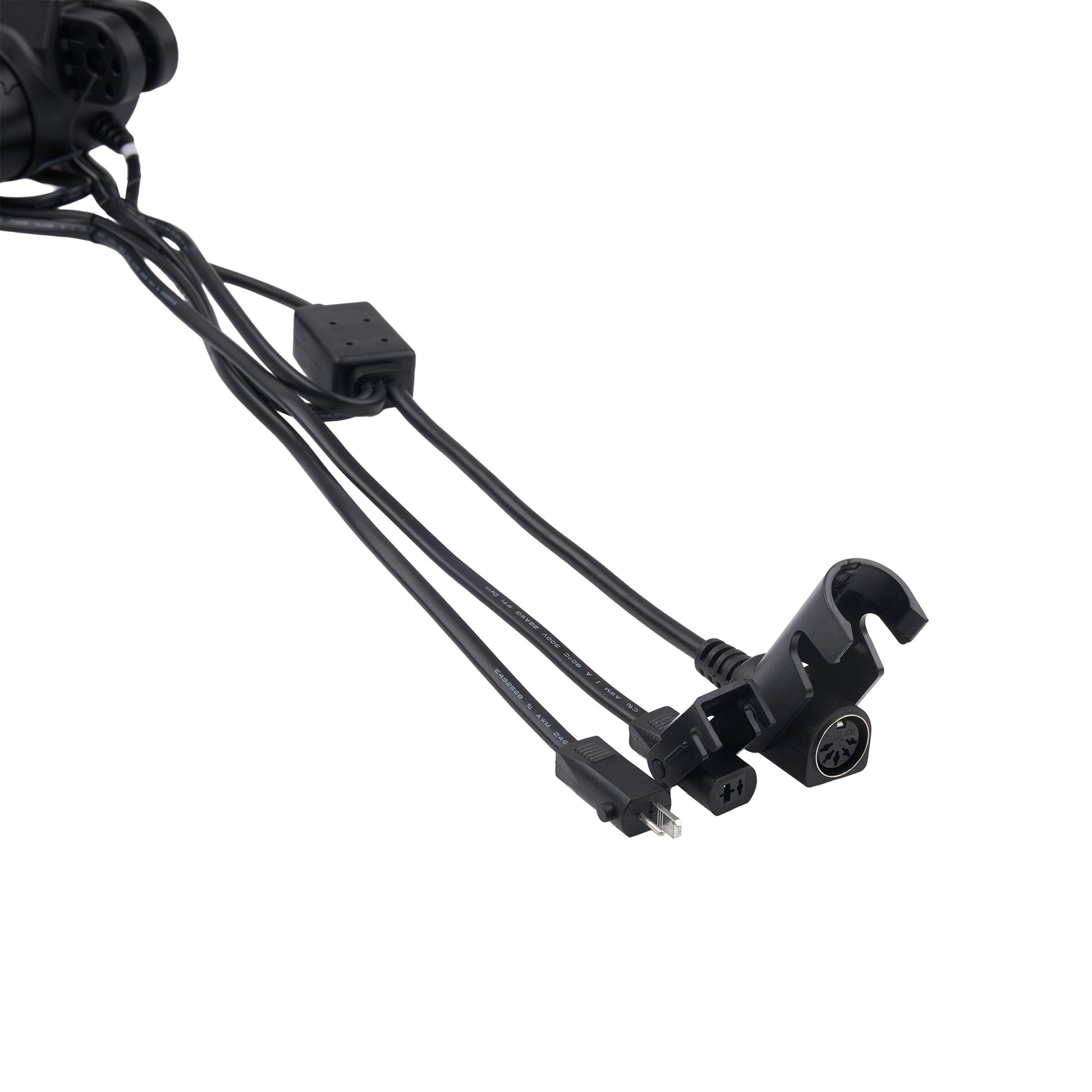 Black multi-connector cable assembly with plastic connectors and a small black inline switch, photographed on a plain white background.