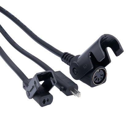 Black cable with various connectors on a white background