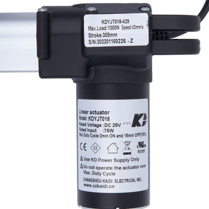Linear actuator with specifications label on a white background