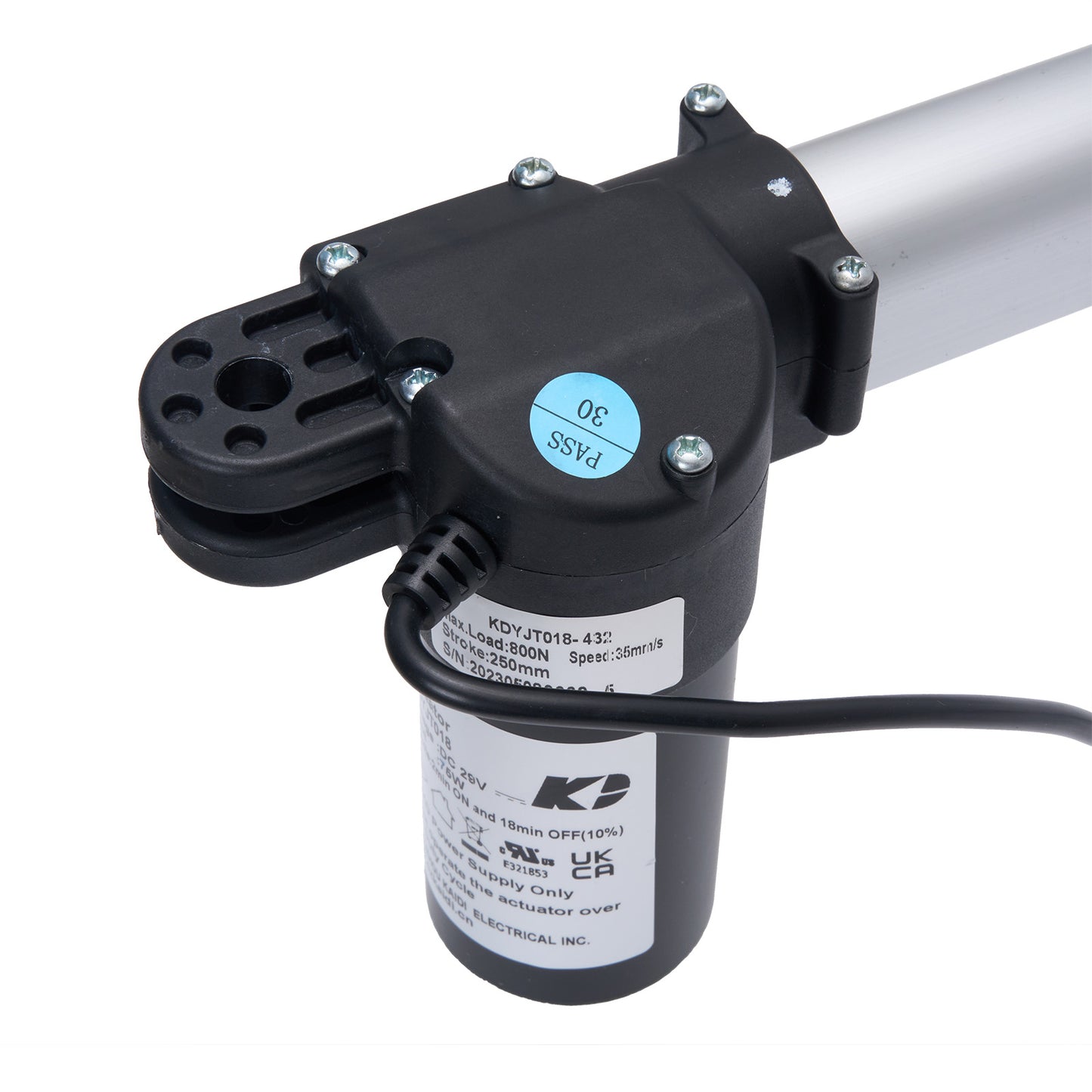 Electric linear actuator with visible branding on a white background