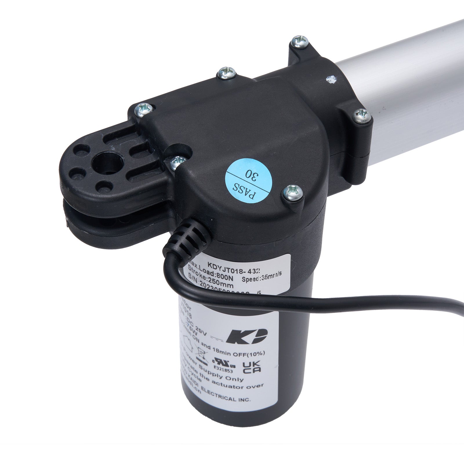 Electric linear actuator with visible branding on a white background