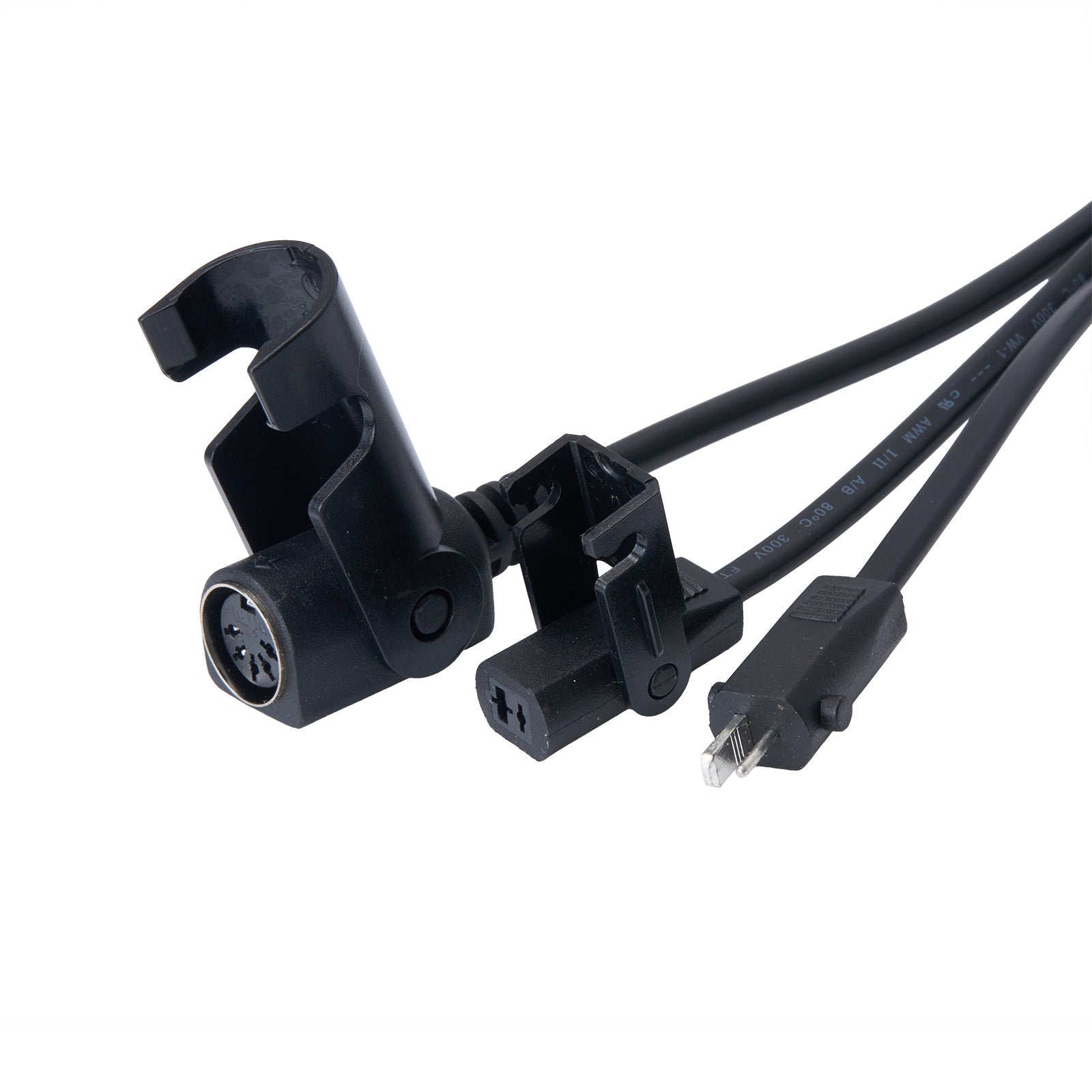 Black electronic connectors with multiple cables on a white background