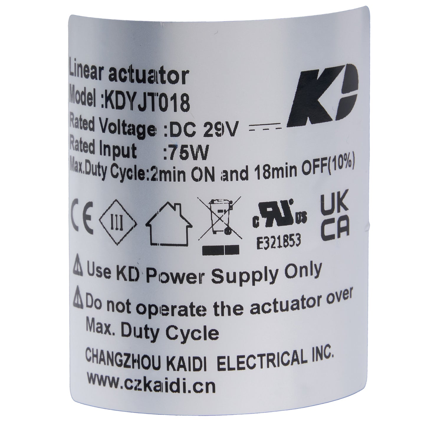 Label of a linear actuator with specifications and branding on a white background