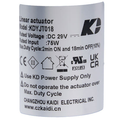 Label of a linear actuator with specifications and branding on a white background