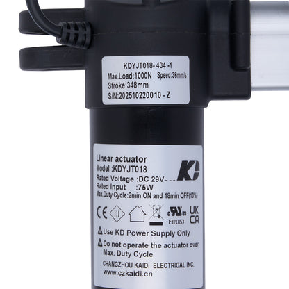 Linear actuator with specifications label on a white background